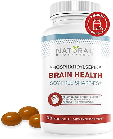 Natural BioScience - Suplemento de Fosfatidilserina 100mg Livre de Soja – Saúde Cerebral, Memória, Controle de Cortisol, Agilidade Mental – PS100 Patenteado, Lecitina de Girassol