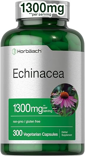 Cápsulas de Extrato de Equinácea 1300mg | 300 Unidades | Vegano, Não-OGM, Suplemento Livre de Glúten - Horbäach