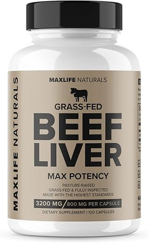 MAXLIFE NATURALS - Fígado de boi alimentado com capim 3200mg – Ferro natural, Vitamina A, B12 para energia – Alimentado com capim, criado em pasto sem gordura na Nova Zelândia, sem hormônios, não transgênico, desidratado