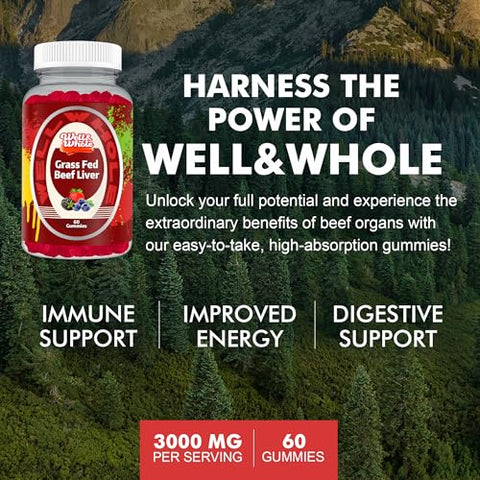 Well&Whole - Gomas de Fígado de Boi Criado a Pasto, Suplemento de Fígado Bovino Desidratado para Energia, Imunidade e Bem-Estar Total – Não Transgênico, Sem Glúten, 60 Unidades