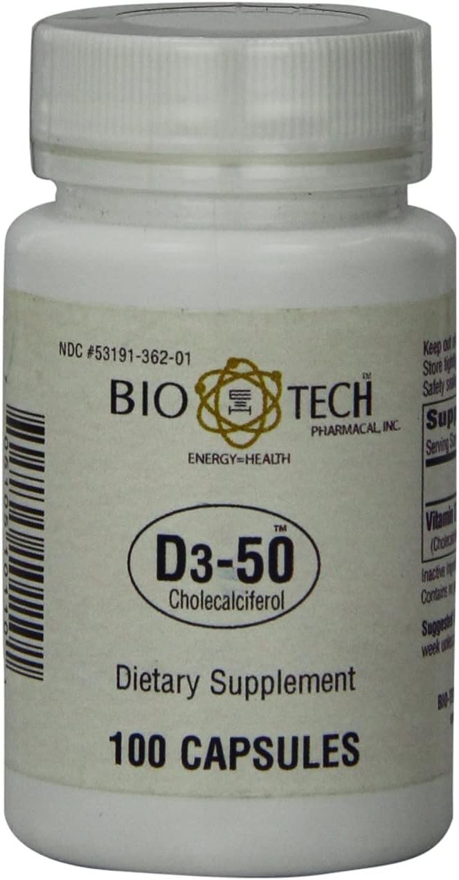 D3-50 50.000 UI, 100 Cápsulas – Suplemento Natural para Suporte Ósseo, Cardíaco e Neuromuscular - Bio-Tech Pharmacal