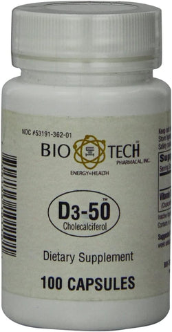 D3-50 50.000 UI, 100 Cápsulas – Suplemento Natural para Suporte Ósseo, Cardíaco e Neuromuscular - Bio-Tech Pharmacal