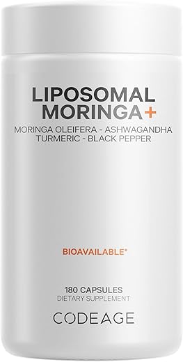 Liposomal Moringa – 400mg Extrato 50:1 de Moringa – 20.000mg Equivalente a Folha de Moringa Oleifera – Cúrcuma, Ashwagandha, Pimenta Preta – Fornecimento de 3 Meses – Vegano - Codeage