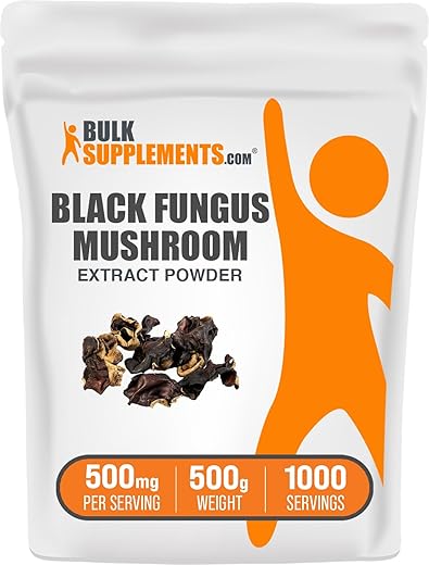 Black Fungus Mushroom Extract Powder – Wood Ear Mushrooms Powder, 500mg por Porção, 500g (1.1 lbs) (Embalagem de 1) | BulkSupplements.com