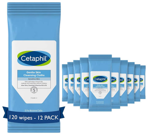 Lenços Umedecidos para Rosto e Corpo – Limpeza Suave para Pele Seca e Sensível – Presentes Dia das Mães – Fechamento Flip Top – Ótimos para Academia – Hipoalergênicos – Sem Fragrância – 10 Unidades - Cetaphil