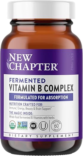 Vitamin B Complex Orgânico Fermentado, 100%% Vegano, Livre de Glúten – 60 Cápsulas para Energia Celular, Cérebro e Beleza - New Chapter