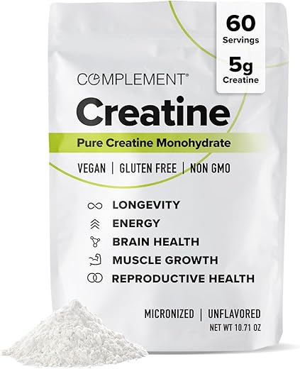 o em Pó Micronizado de Creatina Monohidratada para Mulheres e Homens (5g por porção, 60 Porções) Pré-Treino, Recuperação Muscular Pós-Treino, Saúde Cerebral, Longevidade – Vegano - Complement