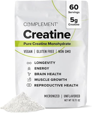 o em Pó Micronizado de Creatina Monohidratada para Mulheres e Homens (5g por porção, 60 Porções) Pré-Treino, Recuperação Muscular Pós-Treino, Saúde Cerebral, Longevidade – Vegano - Complement