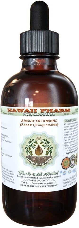 Ginseng Americano Extrato Líquido Sem Álcool, Raiz Seca de Ginseng (Panax Quinquefolius) Glicerito de Raiz Desidratada Hawaii Pharm Suplemento Herbal Natural 60 ml