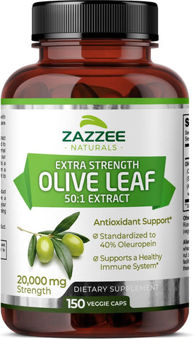 Extrato de Folha de Oliveira Extra Forte 50:1, 20.000 mg de Força, 40%% Oleuropeína, 150 Cápsulas Veganas, Suprimento de 5 Meses, Extrato Concentrado e Padronizado 50X, 100%% Natural - Zazzee