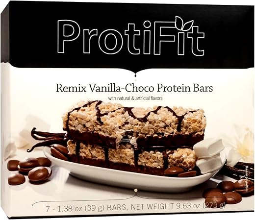 ProtiFit - PROTIFIT – Barra de Lanche de Baixa Caloria para Dietas Saudáveis, Alto Teor de Proteína, 15g de Proteína, Baixo Carboidrato, Baixo Açúcar, Compatível com Proteína Ideal, 7 Porções por Caixa (Remix Baunilha-Choco)