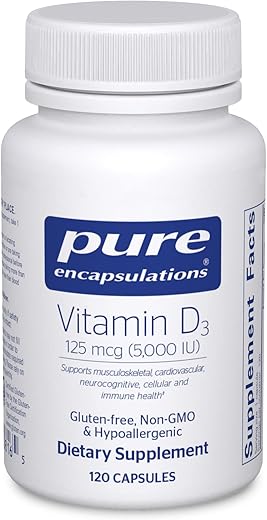 Vitamina D3 125 mcg (5.000 UI) Pure Encapsulations – Suplemento para Saúde Óssea, Articular, Mamária, Cardíaca, Intestinal e Imunológica – 120 Cápsulas