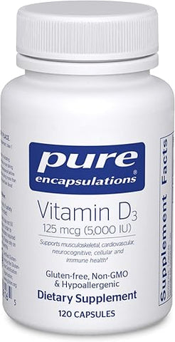 Vitamina D3 125 mcg (5.000 UI) Pure Encapsulations – Suplemento para Saúde Óssea, Articular, Mamária, Cardíaca, Intestinal e Imunológica – 120 Cápsulas
