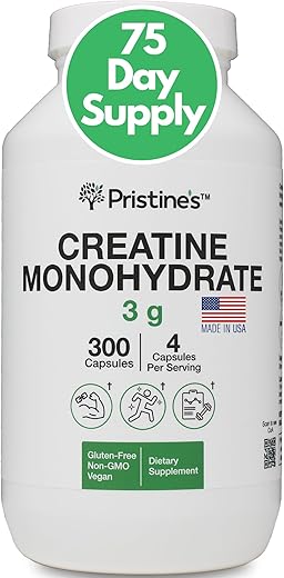 PRISTINE'S - PRISTINE’S Creatine Monohydrate 3000MG – Cápsulas de Suporte ao Crescimento Muscular – 75 Dias de Fornecimento – Sem Inchaço – Performance Atlética