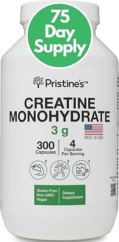 PRISTINE'S - PRISTINE’S Creatine Monohydrate 3000MG – Cápsulas de Suporte ao Crescimento Muscular – 75 Dias de Fornecimento – Sem Inchaço – Performance Atlética