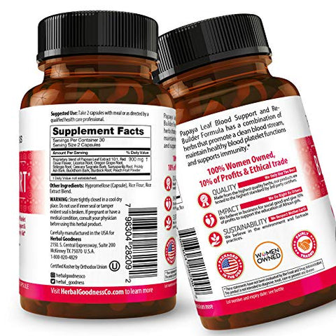 Herbal Papaya - Cápsulas de Suporte Sanguíneo de Folha de Mamão – Plaquetas, Medula Óssea, Suporte Imunológico – Remédio Herbal 60/450mg Cápsulas Vegetais – Herbal Goodness