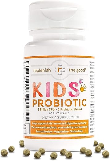 Replenish the Good - Kids Vegan Probióticos, 60 Pérolas Minúsculas – Recuperação Antibiótica – Auxilia a Imunidade das Crianças