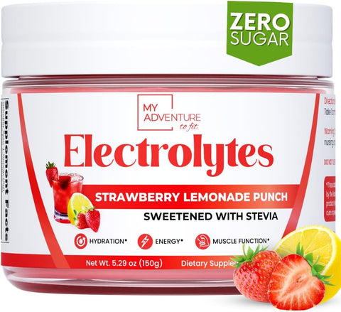 My Adventure to Fit - Zero Sugar – Pó de Eletrólitos de Limonada de Morango – Hidratação Refrescante – Energia Livre de Cafeína – Ingredientes Naturais – Vegano, Keto
