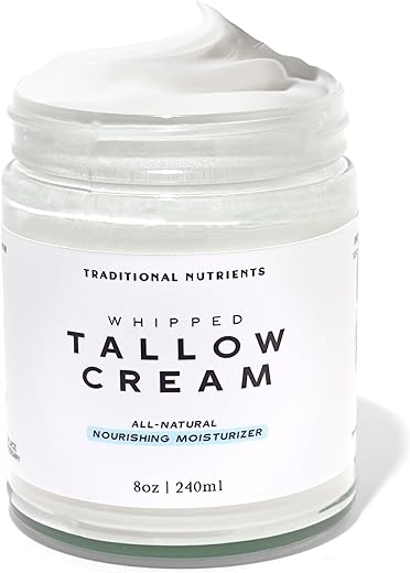 TRADITIONAL NUTRIENTS - Creme de Pele de Talo Batido GRASS FED Puro, Sem Aditivos, Creme Facial de Talo, Loção de Talo, Pote de Vidro, Bálsamo de Talo, Hidratante de Talo de Boi (240 ml)