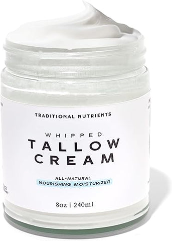 TRADITIONAL NUTRIENTS - Creme de Pele de Talo Batido GRASS FED Puro, Sem Aditivos, Creme Facial de Talo, Loção de Talo, Pote de Vidro, Bálsamo de Talo, Hidratante de Talo de Boi (240 ml)