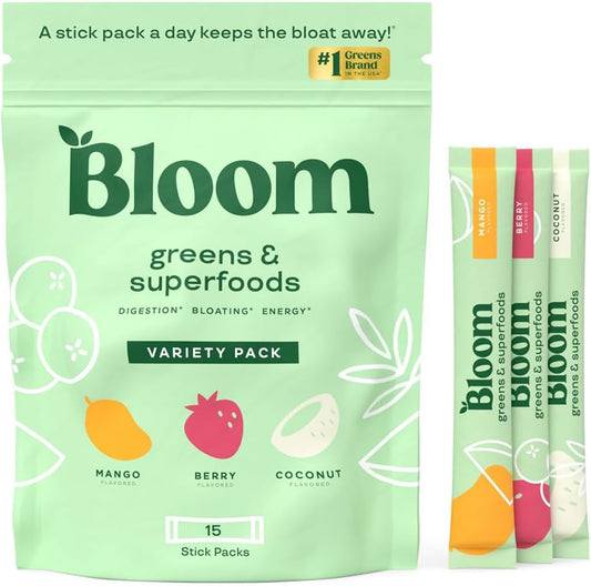 Superfood Greens em Pó em Sachês, Enzimas Digestivas com Probióticos e Prebióticos, Saúde Intestinal, Alívio de Inchaço para Mulheres, Chlorella, Mix de Suco Verde, 15 Porções, 150g - Bloom Nutrition