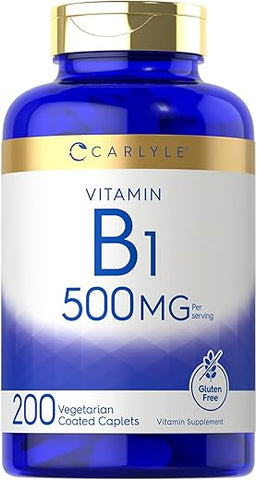 Vitamina B1 500mg (Tiamina) | 200 Cápsulas Vegetarianas | Suplemento Sem OGM e Glúten - Carlyle