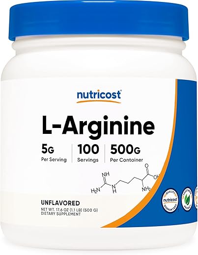 L-Arginine em Pó 500g – Puro em L-Arginine – 5000mg por Porção; 100 Porções - Nutricost