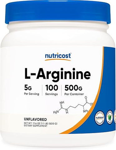 L-Arginine em Pó 500g – Puro em L-Arginine – 5000mg por Porção; 100 Porções - Nutricost