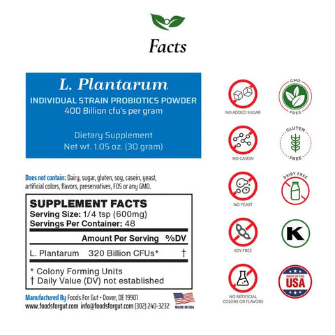 Foods For Gut - Lactobacillus Plantarum Probiótico em Pó 400 Bilhões de UFC’s | Fabricado nos EUA | Sem Aditivos | Digestivo