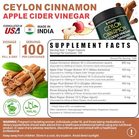 Herbpy - 6in1 Suplementos Premium de Canela do Ceilão 7550mg + Vinagre de Maçã, Cúrcuma, Gengibre, Ginseng Panax