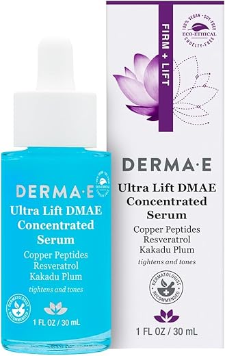 Derma E - DERMA E Ultra Lift DMAE Concentrated Serum – Soro Concentrado Firmador de Pele Natural – Soro Hidratante com Peptídeos de Cobre e Resveratrol – Soro Concentrado para Cuidados Faciais, 30ml