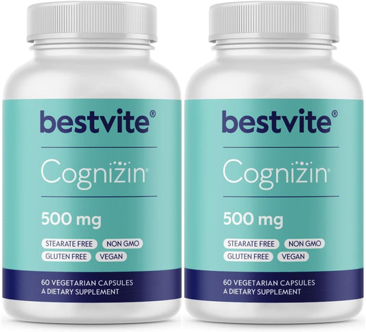 Cognizin 500mg (120 Cápsulas Vegetarianas) (60×2) – Estudo Clínico de Choline Nootropic Premium – Sem Estearatos – Vegano – Não Transgênico – Livre de Glúten – Suplementos para o Cérebro - BESTVITE