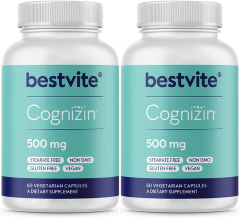 Cognizin 500mg (120 Cápsulas Vegetarianas) (60×2) – Estudo Clínico de Choline Nootropic Premium – Sem Estearatos – Vegano – Não Transgênico – Livre de Glúten – Suplementos para o Cérebro - BESTVITE