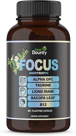 Inner Bounty - Focus Suplemento Cérebro 14 em 1 com Lion’s Mane, Alpha GPC Colina, Vitamina C – 60 cápsulas