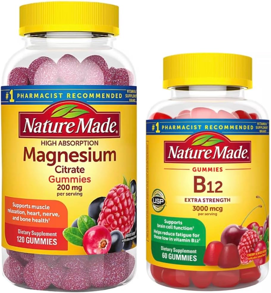 Magnésio Citrato 200 mg por porção, Suplemento Dietético para Suporte Muscular, Nervoso, Ósseo e Cardíaco, 120 GOMAS - Nature Made