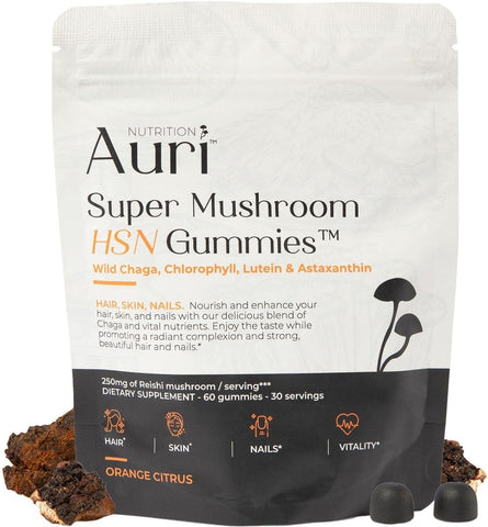 Super Mushroom HSN Gummies – Suplemento Funcional de Cogumelos para Cabelo, Pele e Unhas – com Chaga Selvagem, Clorofila, Luteína e Astaxantina – 60 Gomas de Laranja Cítrica - Auri