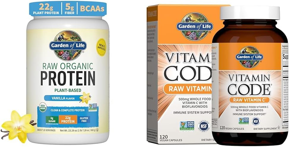 Proteína Vegana Orgânica de Baunilha 22g – Vitamina C Vitamin Code 120 Cápsulas – Pacote Promocional - Garden of Life