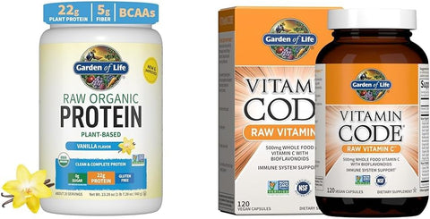 Proteína Vegana Orgânica de Baunilha 22g – Vitamina C Vitamin Code 120 Cápsulas – Pacote Promocional - Garden of Life