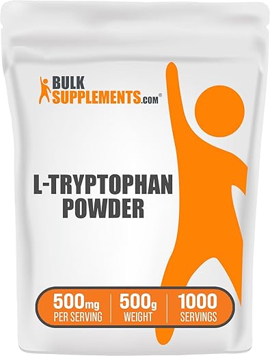 com L-Tryptophan em Pó – 500mg de L-Tryptophan, Suplemento de Aminoácidos, Livre de Glúten, 500mg por Porção, 500g (1.1 lbs) (Pacote de 1) - BulkSupplements