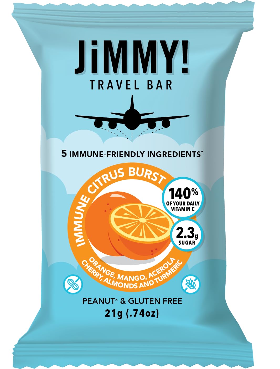 JIMMYBAR - JiMMY Travels! Barra de Proteína Funcional – Citrus Burst Tamanho de Viagem (21g) – 24 Unidades – com Ingredientes Fortificantes do Sistema Imunológico, 140%% Vitamina C Diária, Livre de Amendoim, Sem Glúten