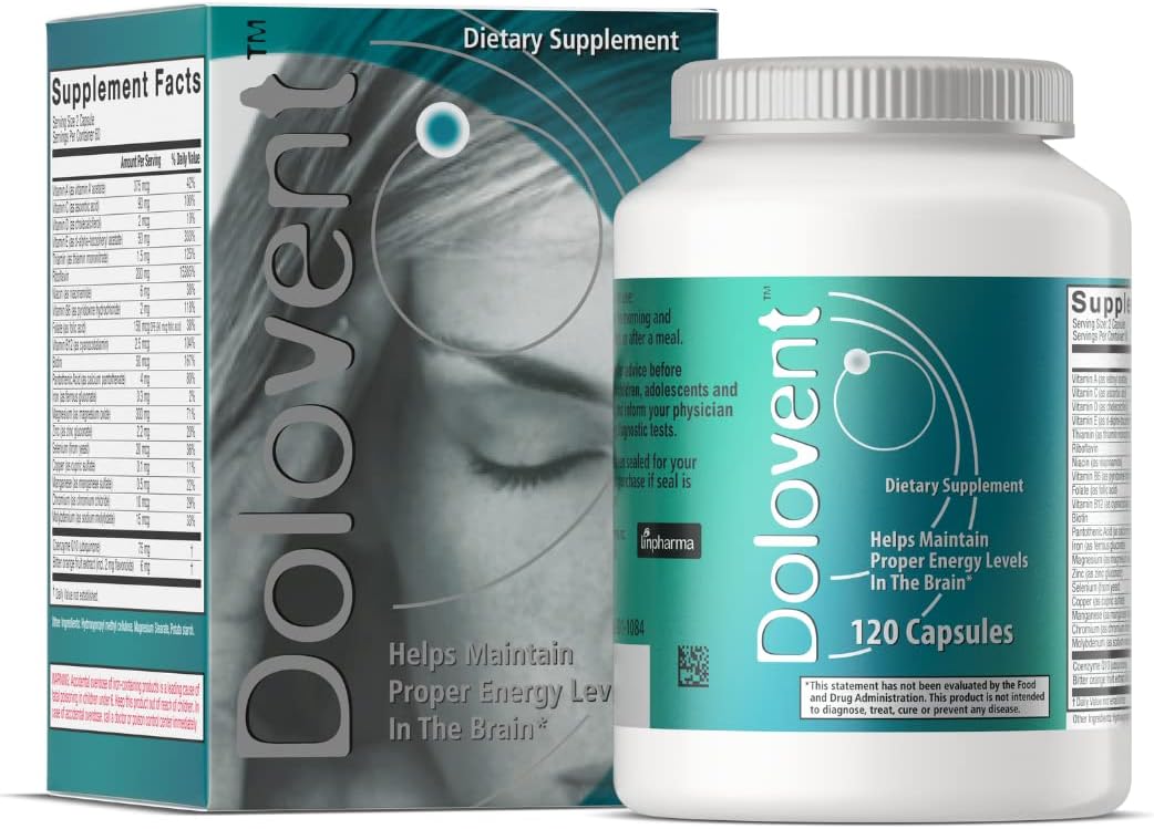 Alívio Natural de Enxaqueca com Magnésio para Enxaquecas, Vitamina B2 400mg, CoQ10 – Suplemento Alimentar para Saúde Cerebral – 1 Frasco - Dolovent
