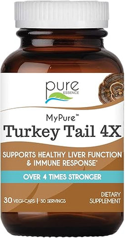 Extrato de Cogumelo Turkey Tail Orgânico 4X, Suplemento Vegano de Cogumelos para Fortalecimento Imunológico, 30 Cápsulas - PURE ESSENCE LABS
