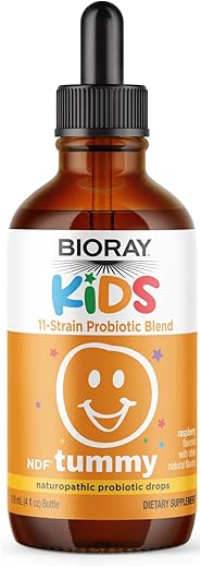 Kids NDF Tummy, Framboesa – 120 mL – Probiótico de 11 cepas – Suporta a resposta imune no trato gastrointestinal – Não-OGM, Vegano, Livre de Glúten – Aprox. 120 porções - BIORAY