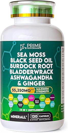 Prime Performance Nutrition - Sea Moss 13300mg Óleo de Semente Preta 13300mg Bladderwrack 2660mg Bardana 2660mg Ashwaghanda 1330mg Cúrcuma 1330mg com Gengibre Sabugueiro Vitamina C ACV Suplemento de Clorofila