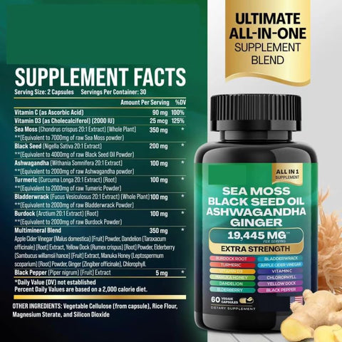 Generic - Óleo de Semente de Cominho Preto, Ashwagandha, Gengibre, Cúrcuma, Alga Marinha, Bardana, Vitamina D3, Vitamina C, ACV, Clorofila, Manuka, Sabugueiro, Dente-de-leão – 60 Cápsulas