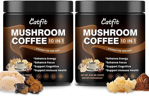 Catfit - (2 Pacotes) Pó de Café de Cogumelo, Mistura de 10 Cogumelos – Cabelo de Leão, Chaga, Cordyceps, Suplementos Cerebrais com Café Arábica, Ashwagandha, L-Teanina para Energia, Foco, Memória e