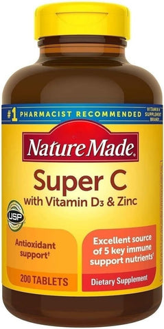 Generic - Nature Made Super C com Vitamina D3 e Zinco, Pacote com 200 Comprimidos | Vitamina C (900 mg), Vitamina A (450 mcg), Vitamina D3 (25 mcg/1000 UI), Vitamina E (15 mg) e Zinco (11 mg) | 100