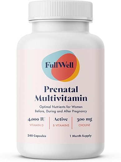 FullWell - Vitaminas Pré-Natais | colina, folato, vitamina D para crescimento fetal, desenvolvimento cerebral | 26 Nutrientes Essenciais | Formuladas por Nutricionistas, Recomendadas por Obstetras, Não-OGM, Testadas por Terceiros, 30
