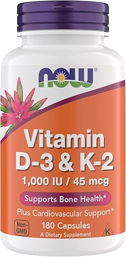 NOW Foods - Now Supplements Vitamina D3 K2, 1.000 UI/45 mcg, Suporte Cardiovascular, Saúde Óssea, 180 Cápsulas Vegetarianas – Vegano, Sem Glúten, Kosher D3 e K2 Supplements