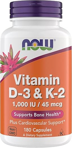 NOW Foods - Now Supplements Vitamina D3 K2, 1.000 UI/45 mcg, Suporte Cardiovascular, Saúde Óssea, 180 Cápsulas Vegetarianas – Vegano, Sem Glúten, Kosher D3 e K2 Supplements